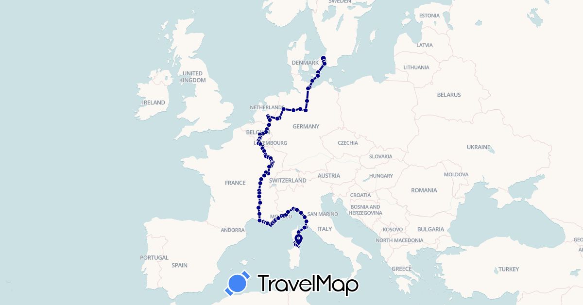 TravelMap itinerary: driving in Belgium, Germany, Denmark, France, Italy, Netherlands (Europe)